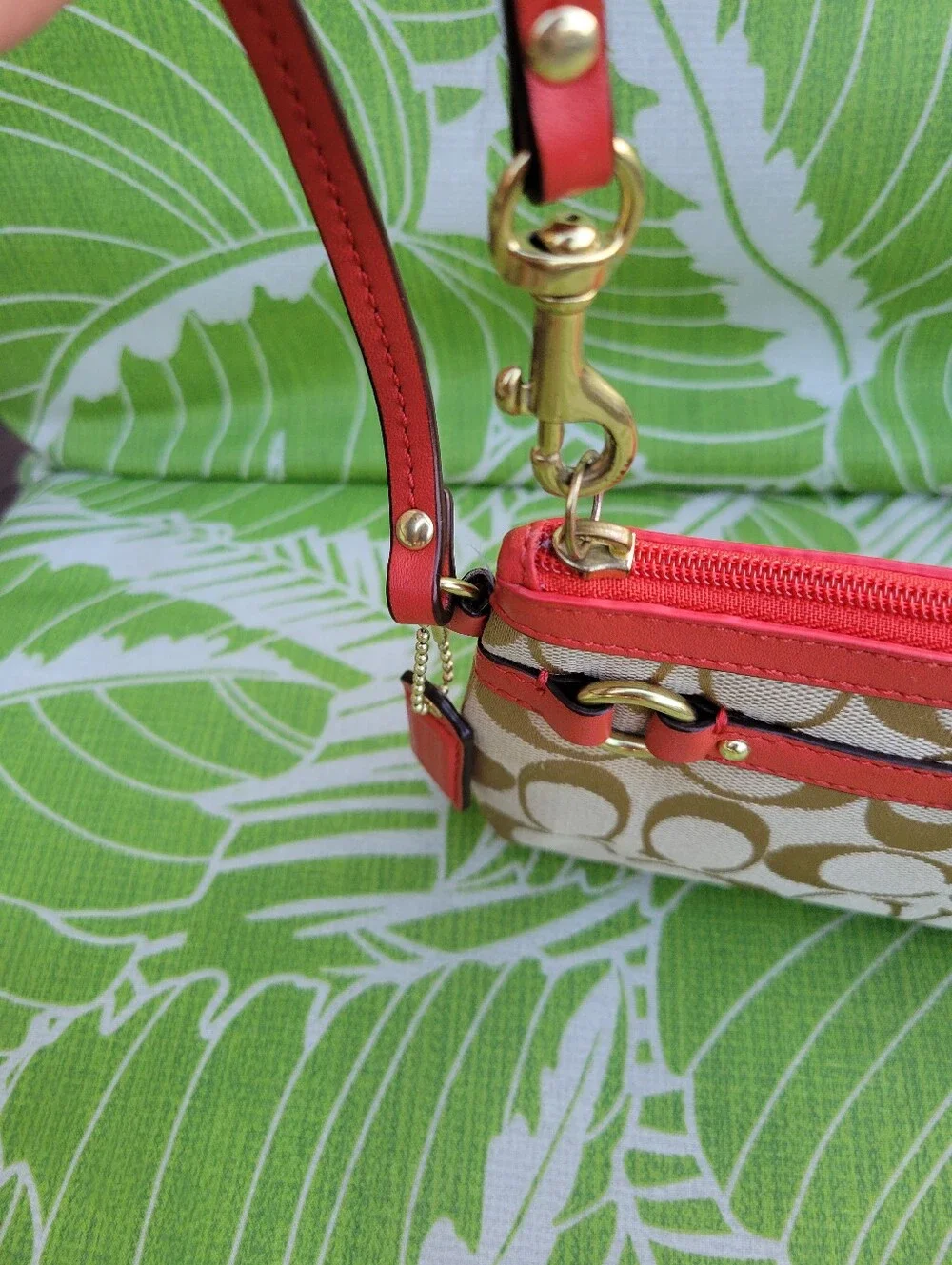 Coach Gallery Signature Medium Canvas Wristlet in Khaki/Presimmons or Tan/Orange